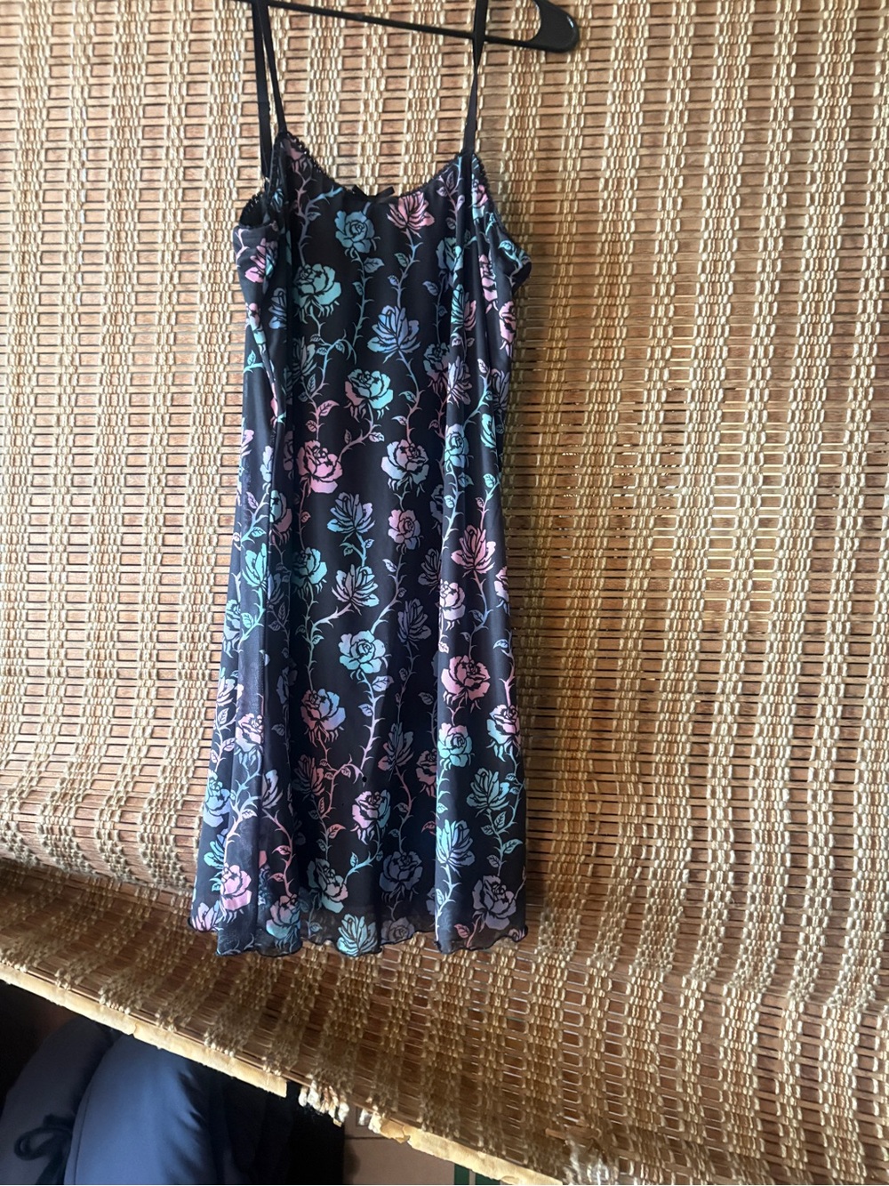 Dolls Kill Black Mini Slip Dress with Pink & Blue Floral Print